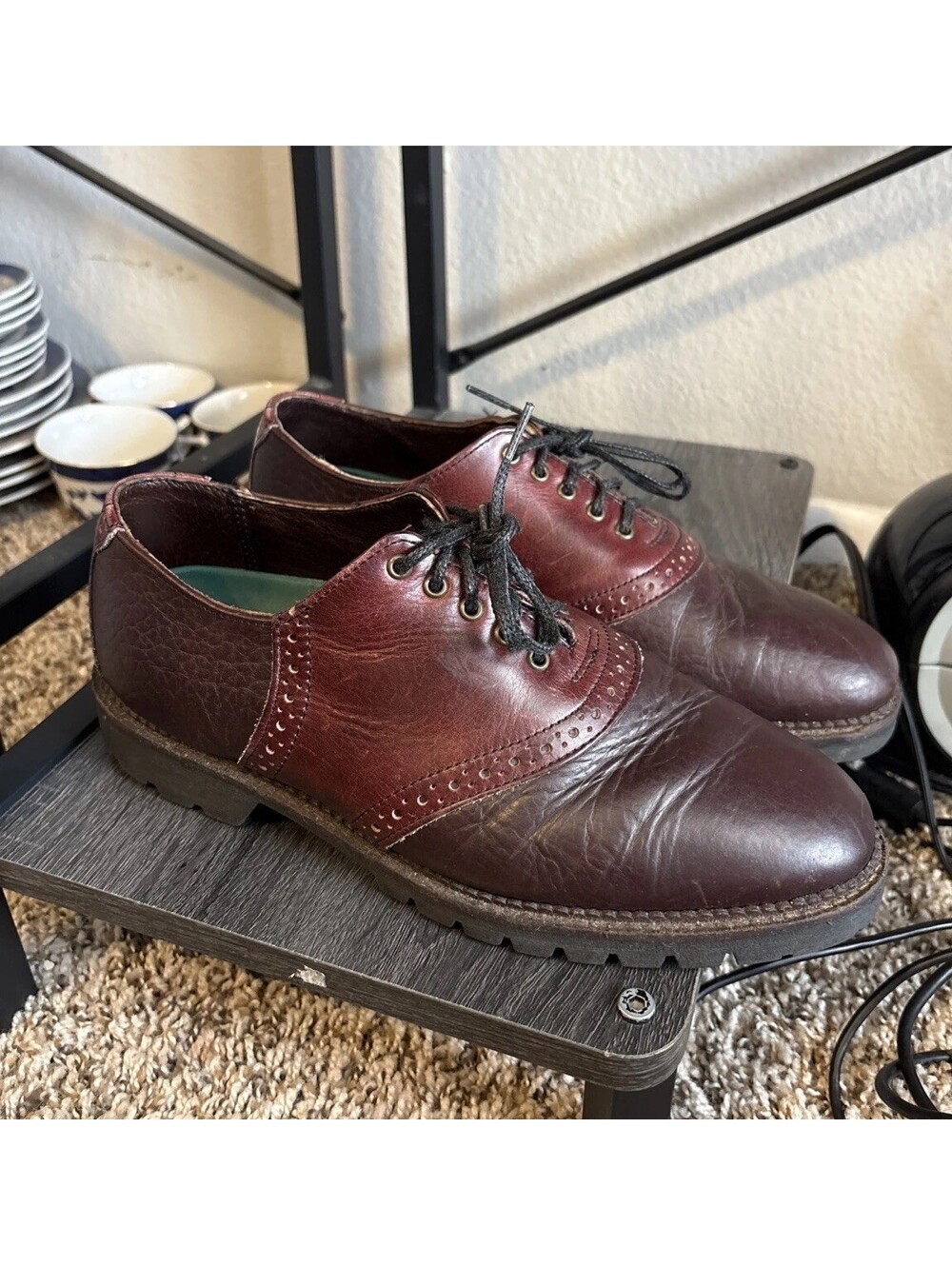 H.S. Trask Two-Tone Saddle Oxford Bison Leather Lug Sole 1035 Shoes Men's Size 8